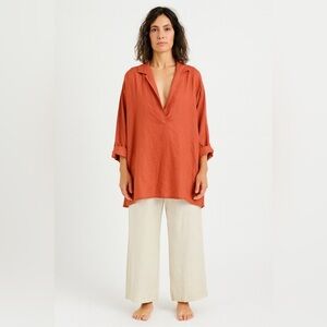 Maggie T Women's Rust Orange 100% Linen Lagenlook Tunic V-Neck Blouse Size 20